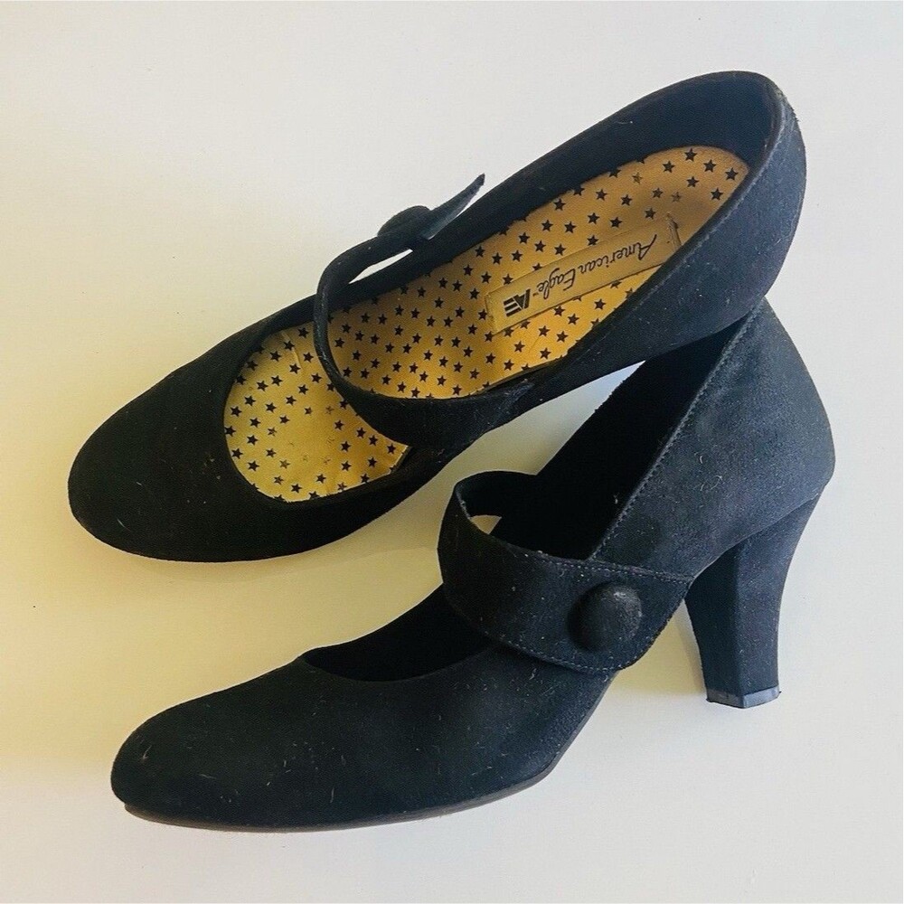 American Eagle Outfitters Black Suede Button Heel Pumps 8 Womens Dress Shoes